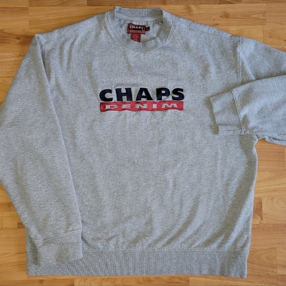 Chaps Denim Gray Pullover Sweatshirt Crewneck Spellout Longsleeve Like New Large - Picture 1 of 5